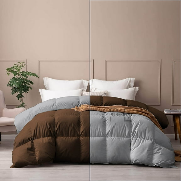 Pure Eco Bedding Comforter Alaskan King 120X132, Duvet Insert, Quilted Comforter with Corner Tabs, Lightweight Quilt, Down Alternative Hotel Comforter Oversized Alaskan King 120X132 Brown/Silver Gray