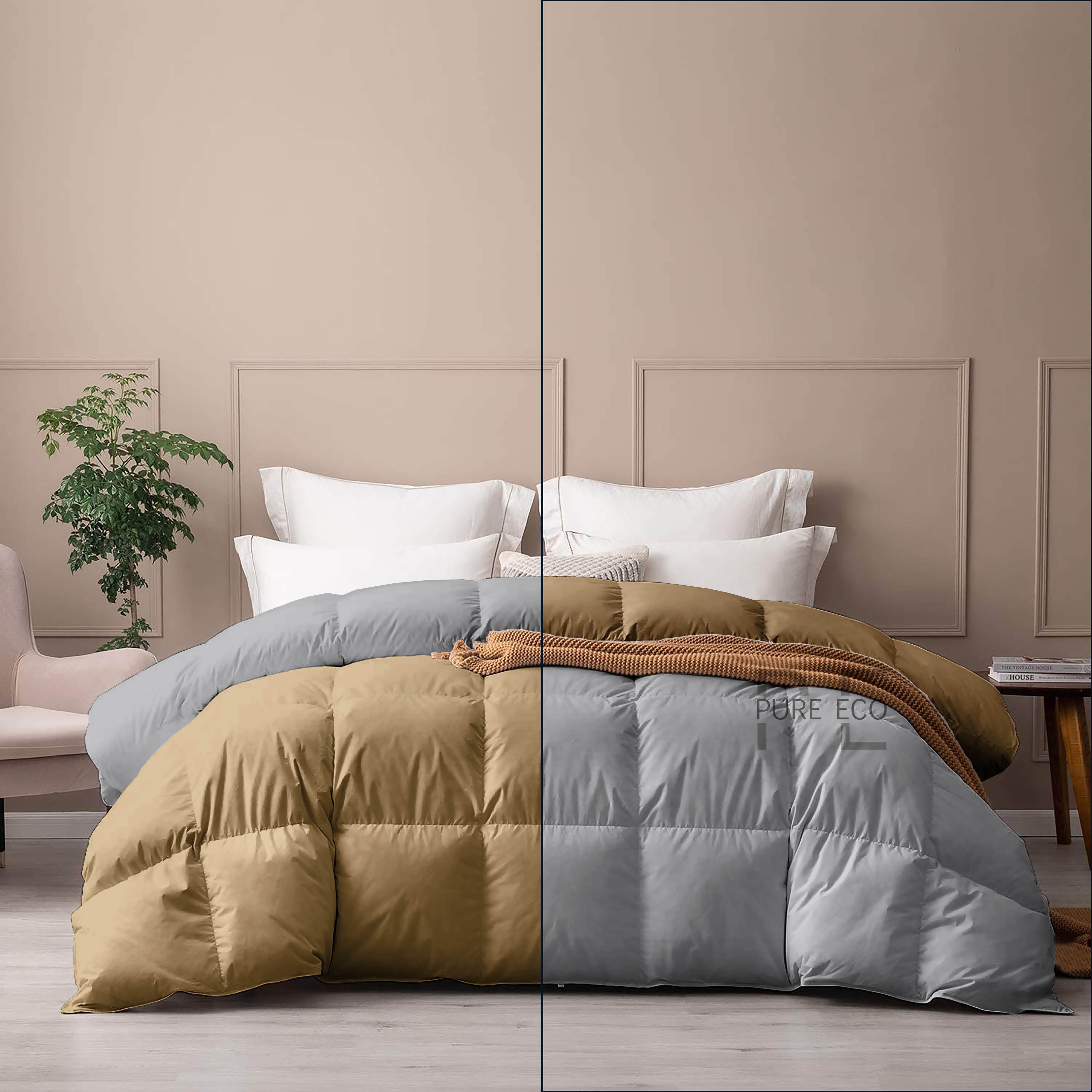 Pure Eco Bedding Comforter Cal King Size, Duvet Insert, Quilted Comforter with Corner Tabs, All Season Lightweight Quilt, Down Alternative Hotel Comforter Cal King Size 96X102 Beige/Silver Gray