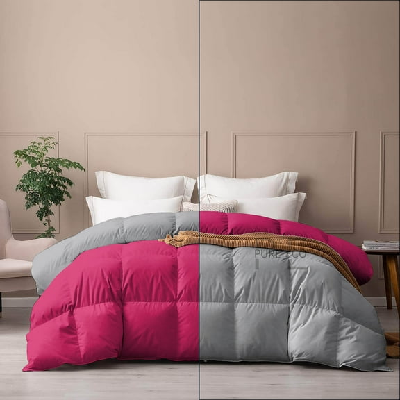 Pure Eco Bedding Comforter Full Size, Duvet Insert, Quilted Comforter with Corner Tabs, All Season Lightweight Quilt, Down Alternative Hotel Comforter Full Size 82X86 Hot Pink/Silver Gray
