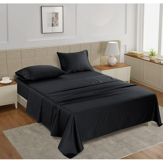 Pure Egyptian Full Size Cotton Bed Sheets Set (Full, 500-TC Sheets), 4-Pieces Egyptian Cotton Sheets Full Size Bed- Sateen Sheets - (10-12") Deep Pocket Sheets, Midnight Black
