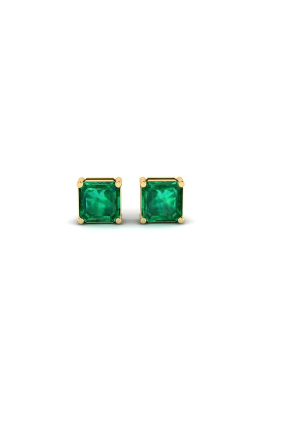 14K Rose Gold Over 925 Silver 2 Ct Green Emerald Solitaire Emerald Square Cut Stud Earrings For Women