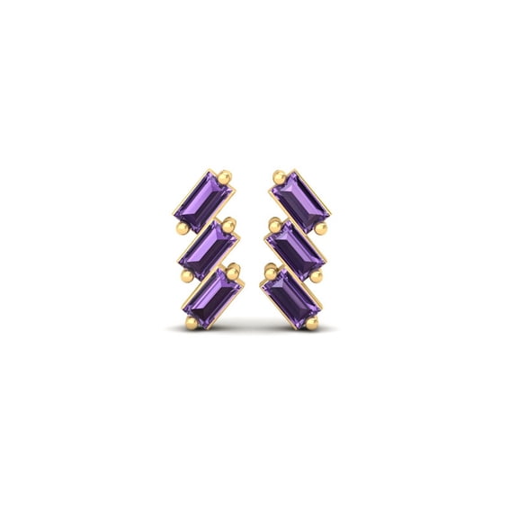 Pure Elegance 14K Rose Gold Over 925 Silver Purple Amethyst Baguette Cut 3-Stone Stud Earrings For Women