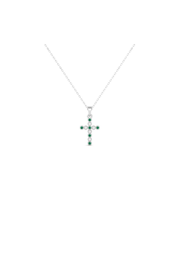 Alternating Green Emerald & CZ Diamond 925 Silver 14K White Gold Over Cross Pendant Necklace For Women