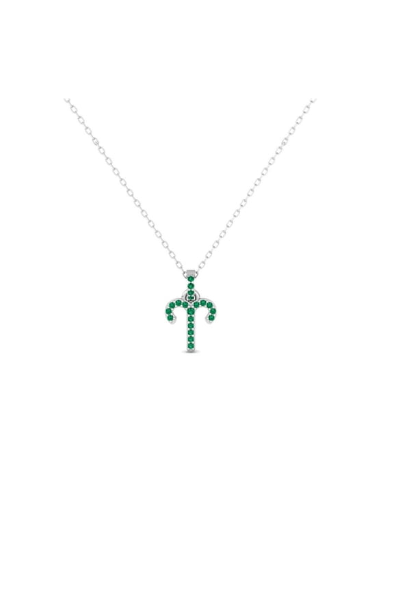 Aries Zodiac Symbol Pendant Necklace With Green Emerald In 925 Silver 14K White Gold Over