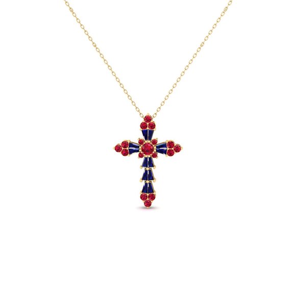 Pure Elegance Art Deco Style Cross With Ruby and Blue Sapphire Gemstone 14K Yellow Gold Over 925 Sterling Silver Pendant Necklace For Women