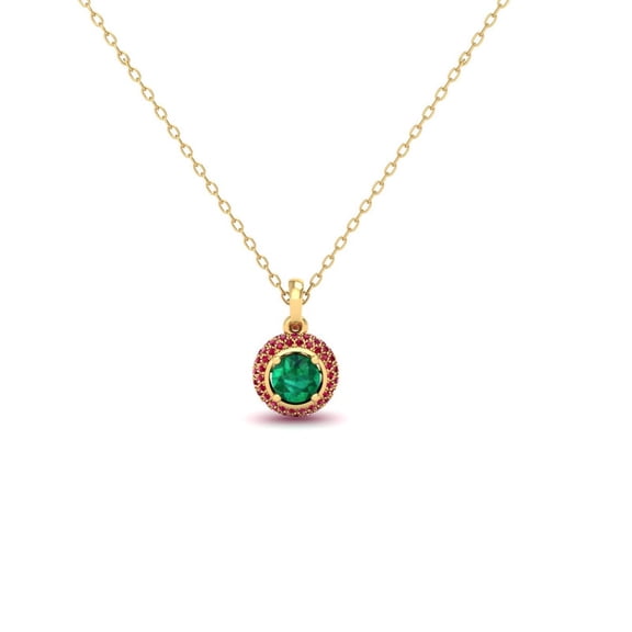 Pure Elegance Classic Halo Round Cut Green Emerald & Ruby Gemstones 925 Sterling Silver 14K Rose Gold Over Pendant Necklace For Women