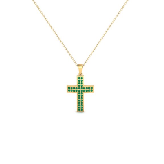 Pure Elegance Classic&nbsp;Cross Green Emerald Gemstones 925 Sterling Silver 14K Yellow Gold Over Women Pendant Necklace