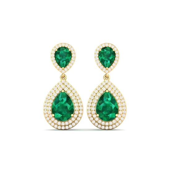Pure Elegance Double Halo Drop Earrings Gift For Women 14K Rose Gold Over 925 Silver Pear Cut Green Emerald Gemstone