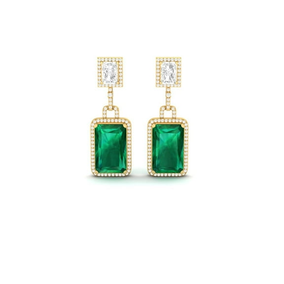 Pure Elegance Halo Drop Dangle Earrings Green Emerald & Diamond Cluster 925 Silver 14K Yellow Gold Over