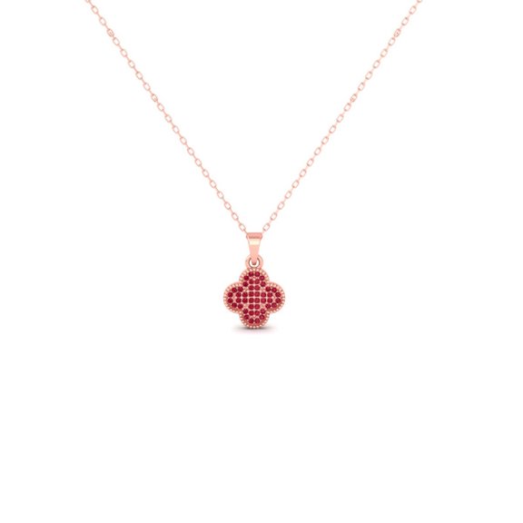 Pure Elegance Lucky Shamrock Ruby Four-Leaf Clover Pendant Necklace For Women 925 Sterling Silver 14K Rose Gold Over