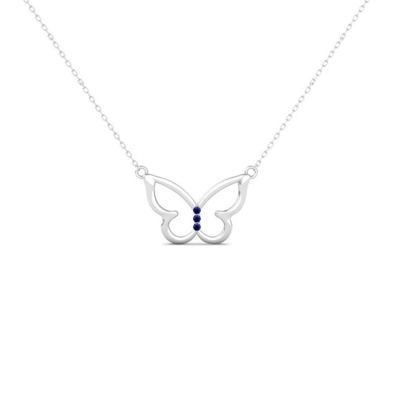 Pure Elegance Minimalist Butterfly Outline Blue Sapphire Gemstones 925 Sterling Silver 14K White Gold Over Pendant Necklace Gift For Women