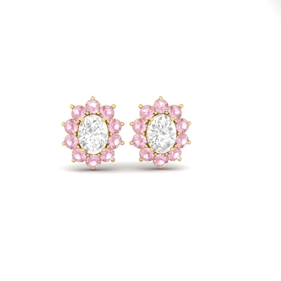 Pure Elegance Oval-Cut White Diamond & Round Cut Pink Sapphire Flower Shape Earrings In 14K White Gold Over 925 Sterling Silver
