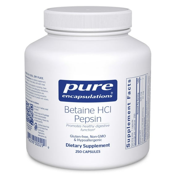 Pure Encapsulations Betaine HCl Pepsin - Digestive Enzymes Supplement for Digestion Aid & Support, Stomach Acid & Nutrient Absorption* - With Betaine HCl Pepsin - 250 Capsules