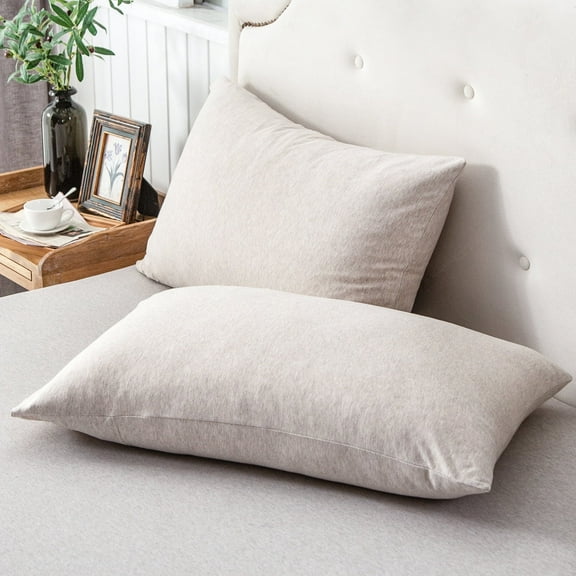 Pure Era 100% T-Shirt Jersey Knit Cotton Pillowcases Super Soft Breathable, Set of 2, Queen 20”x30”, Hearthered Beige
