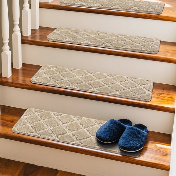 Pure Era 8" x 30" Carpet Stair Treads Protector Cover Indoor Non Slip Self Adhensive Tape Free Set of 14 (Cream Gray Diamond Trellis)
