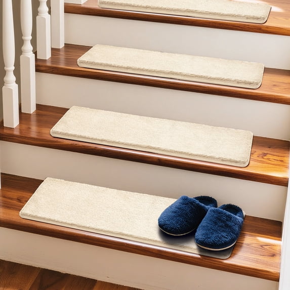 Pure Era 8" x 30" Plush Carpet Stair Treads Protector Cover Indoor Shaggy Rug Self Adhensive Set of 12,Beige