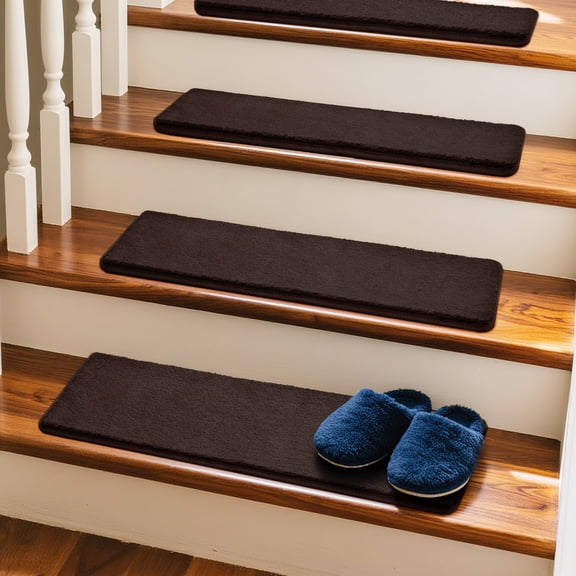 Pure Era 8" x 30" Plush Carpet Stair Treads Protector Cover Indoor Shaggy Rug Self Adhensive Set of 12,Dark Brown