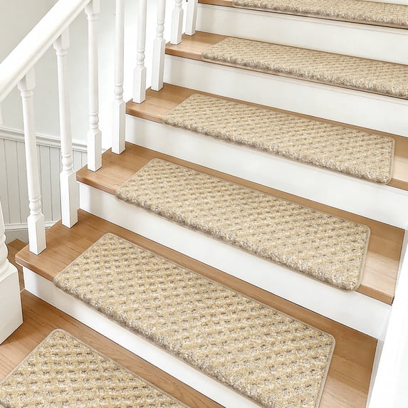 Pure Era Bullnose Carpet Stair Treads Cover 16Pcs Indoor Rug Set 9" x 30" Plaid Pattern Self Adhensive Backing(Set of 16,Cream Gray Mini Diamond Trellis)