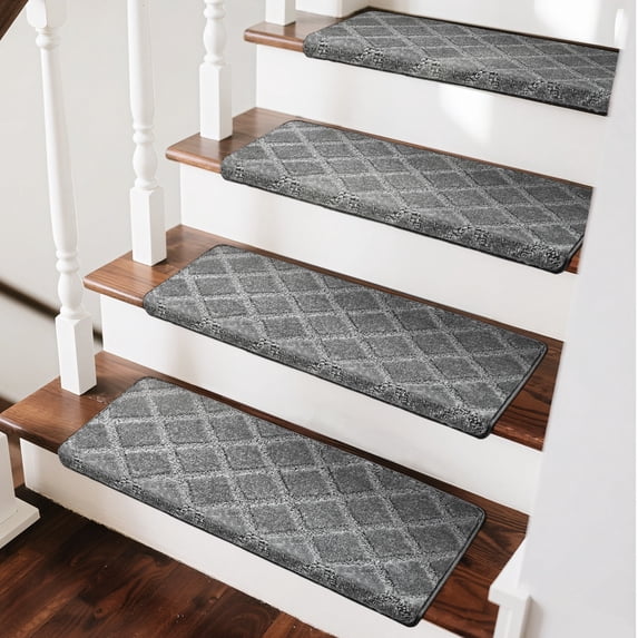 Pure Era Bullnose Carpet Stair Treads Cover 16Pcs Indoor Rug Set 9" x 30" Plaid Pattern Self Adhensive Backing(Set of 16,Gray Diamond Trellis)