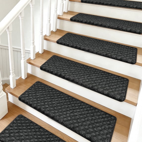 Pure Era Bullnose Carpet Stair Treads Cover 9" x 30" Plaid Pattern Rug Indoor Non Slip Self Adhensive (Set of 12,Black Mini Diamond Trellis)