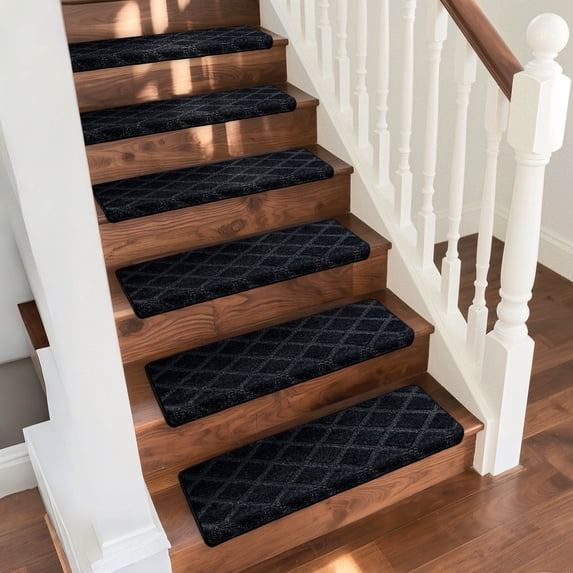 Pure Era Bullnose Carpet Stair Treads Cover 9" x 30" Plaid Pattern Rug Indoor Non Slip Self Adhensive (Set of 14,Black Diamond Trellis)