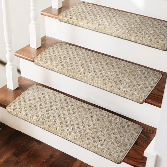 Pure Era Bullnose Carpet Stair Treads Protector Cover 9" x 30" Indoor Non Slip Self Adhensive Set of 12,Cream Gray Mini Diamond Trellis