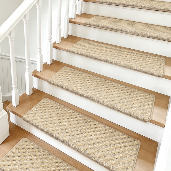 Pure Era Bullnose Carpet Stair Treads Protector Cover 9" x 30" Indoor Non Slip Self Adhensive Set of 12,Cream Gray Mini Diamond Trellis