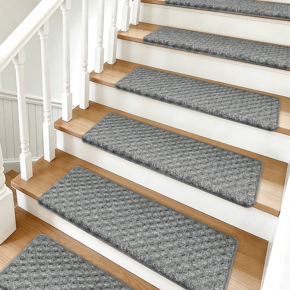 Pure Era Bullnose Carpet Stair Treads Protector Cover 9" x 30" Indoor Non Slip Self Adhensive Set of 12,Gray Mini Diamond Trellis
