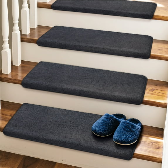Pure Era Bullnose Plush Carpet Stair Treads Protector Cover 9" x 30" Indoor Shaggy Rug Self Adhensive Set of 12,Dark Gray