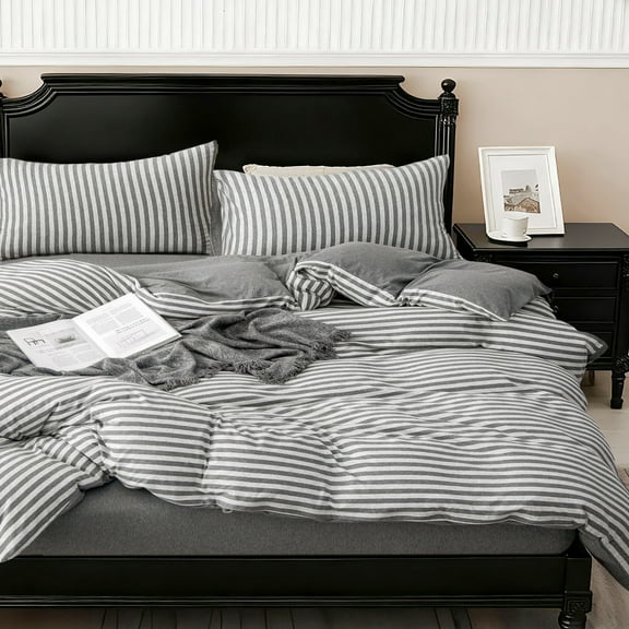 Pure Era King Size Duvet Cover Pillow Shams Set Ultra-Soft Jersey Knit Cotton Neutral Grey Stripe
