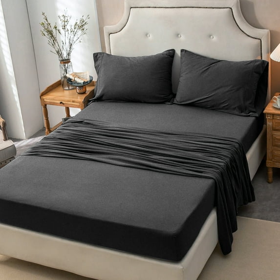 Pure Era Ultra Soft T-Shirt Jersey Knit Cotton 4pc Sheet Set Full Size Charcoal Gray