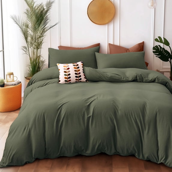 Pure Ere King Duvet Cover Set 100% Jersey Knit Cotton Army Olive Green( 1pc Duvet Cover Zipper Closure, 2pc Pillow Shams)