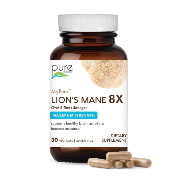 PURE ESSENCE LABS MyPure Lion's Mane 8X - Max Strength Brain Support with 100% Fruiting Body Organic Lion's Mane for Ultimate Cognitive Performance, Focus, and Mental Clarity, 30 Capsules