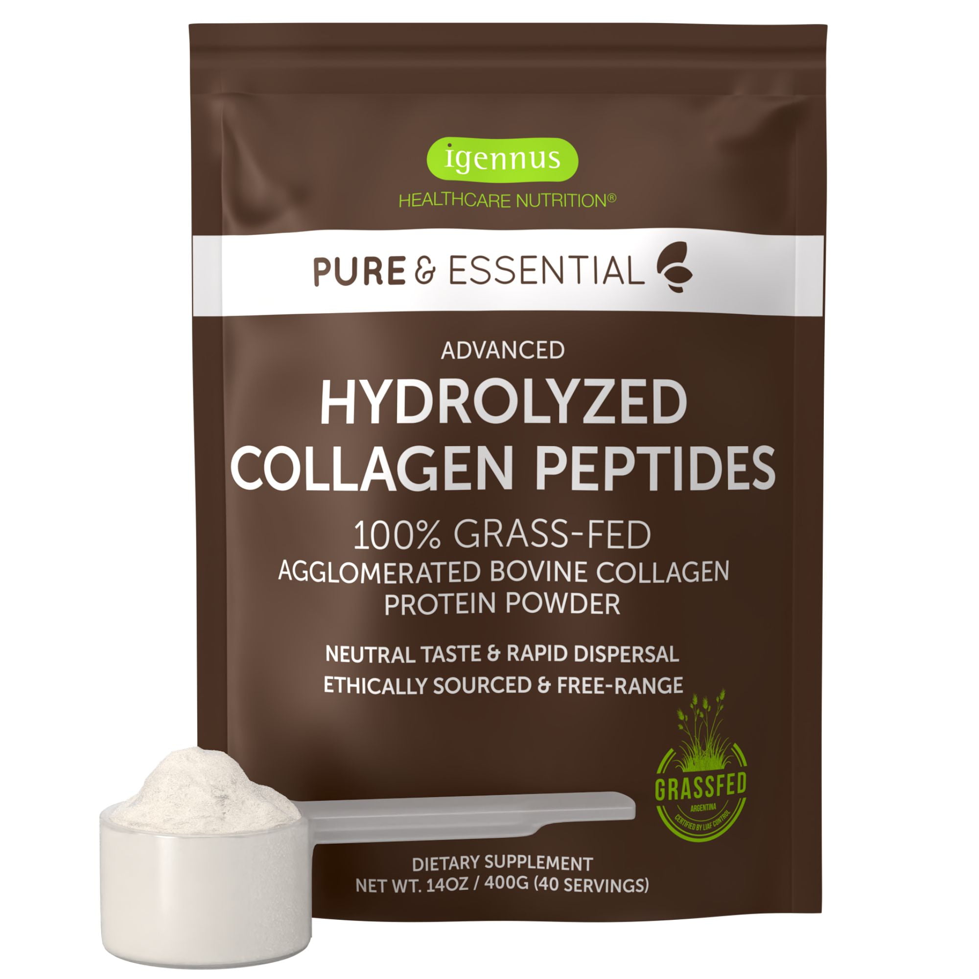 Igennus Highest Grade Hydrolyzed Collagen Peptides, Clean Label, 100% Grass Fed Bovine Collagen Protein Powder, Collagen Types 1, 2 & 3 for Women & Men, Non-GMO, Free Range, 40 Servings