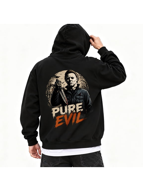 Pure Evil Horror Print Men's Hooded Sweatshirt with Halloween Pattern Hoodie