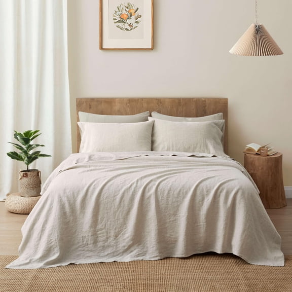 Pure Flax Linen Bedding Set - Stone Washed Fabric Deep Pocket Fitted Sheet Farmhouse Flat 2owcases ( Full)