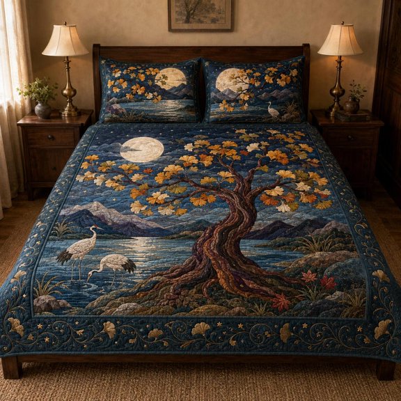 Japanese Crane Ginkgo Tree Quilted Bedding Set, Oriental Moon Bedspread