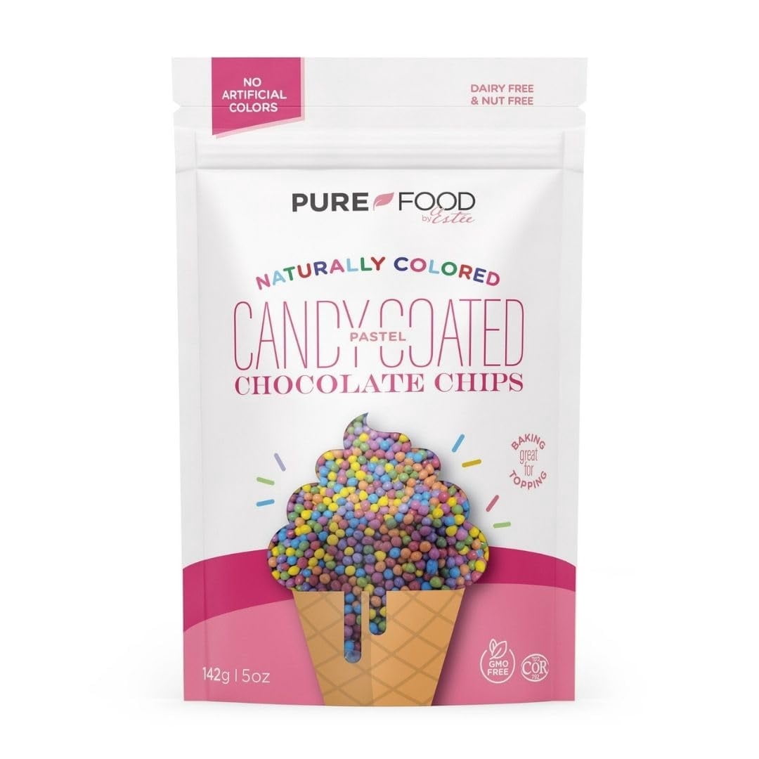 Pure Food By Estee Pastel Rainbow Candy Coated Chocolate Chips, 5oz | Cosmic Brownie Sprinkles | Vegan Chocolate | Natural Rainbow Chips Sprinkles | Mini Colored Chocolate Chips for Baking