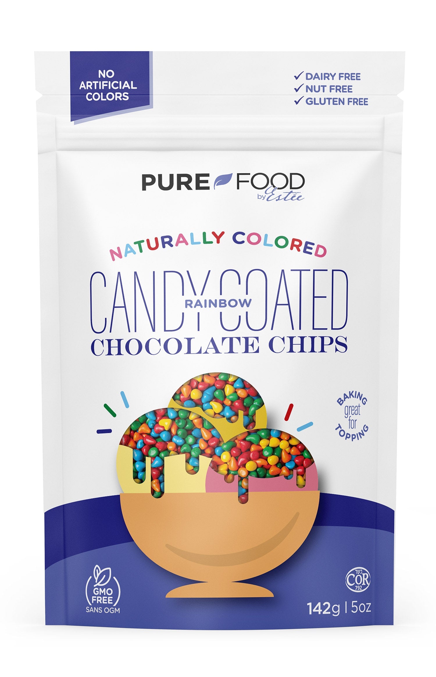 Pure Food by Estee Rainbow All Natural Candy Coated Mini Chocolate Chips, 5oz, Single Bag