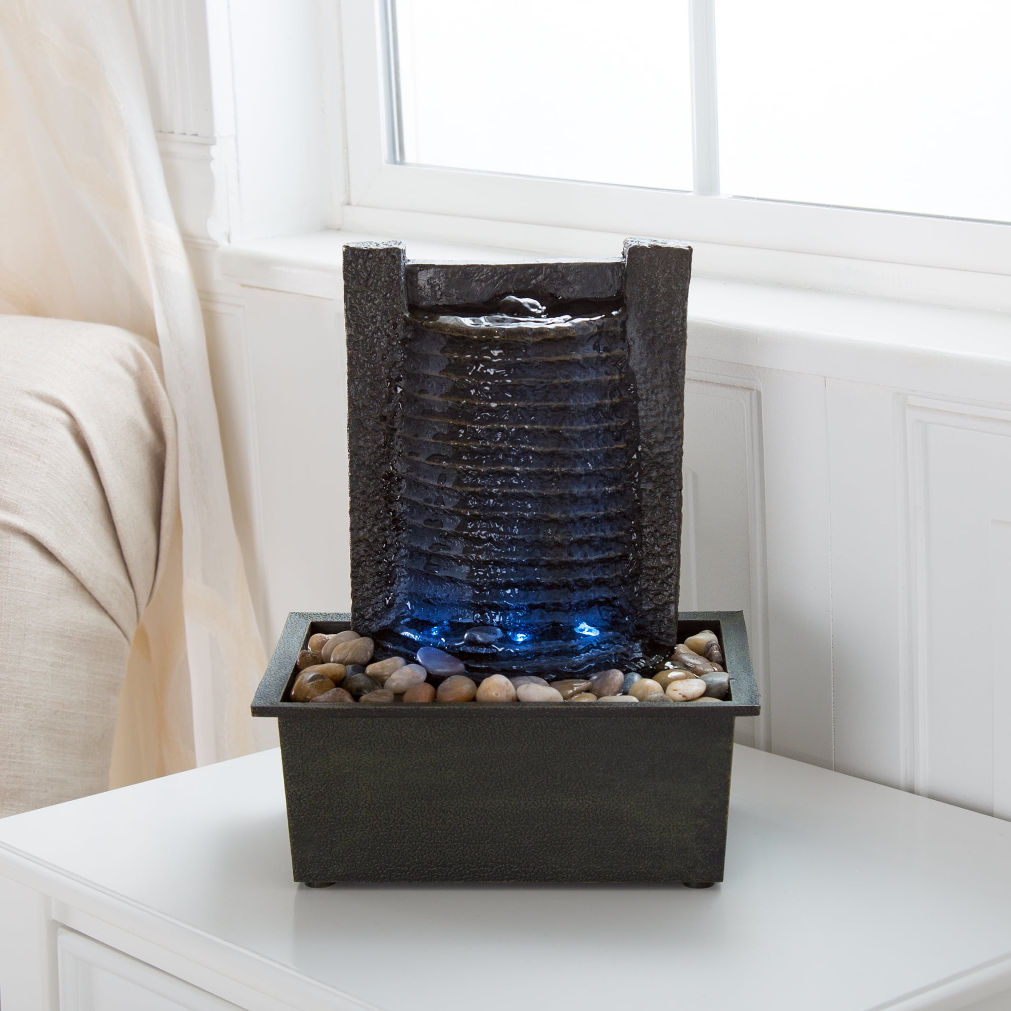 Pure Garden Indoor Water Fountain With LED Lights- Lighted Waterfall Tabletop Fountain With Stone Wall and Soothing Sound for Office and Home DÃ©cor By Pure Garden