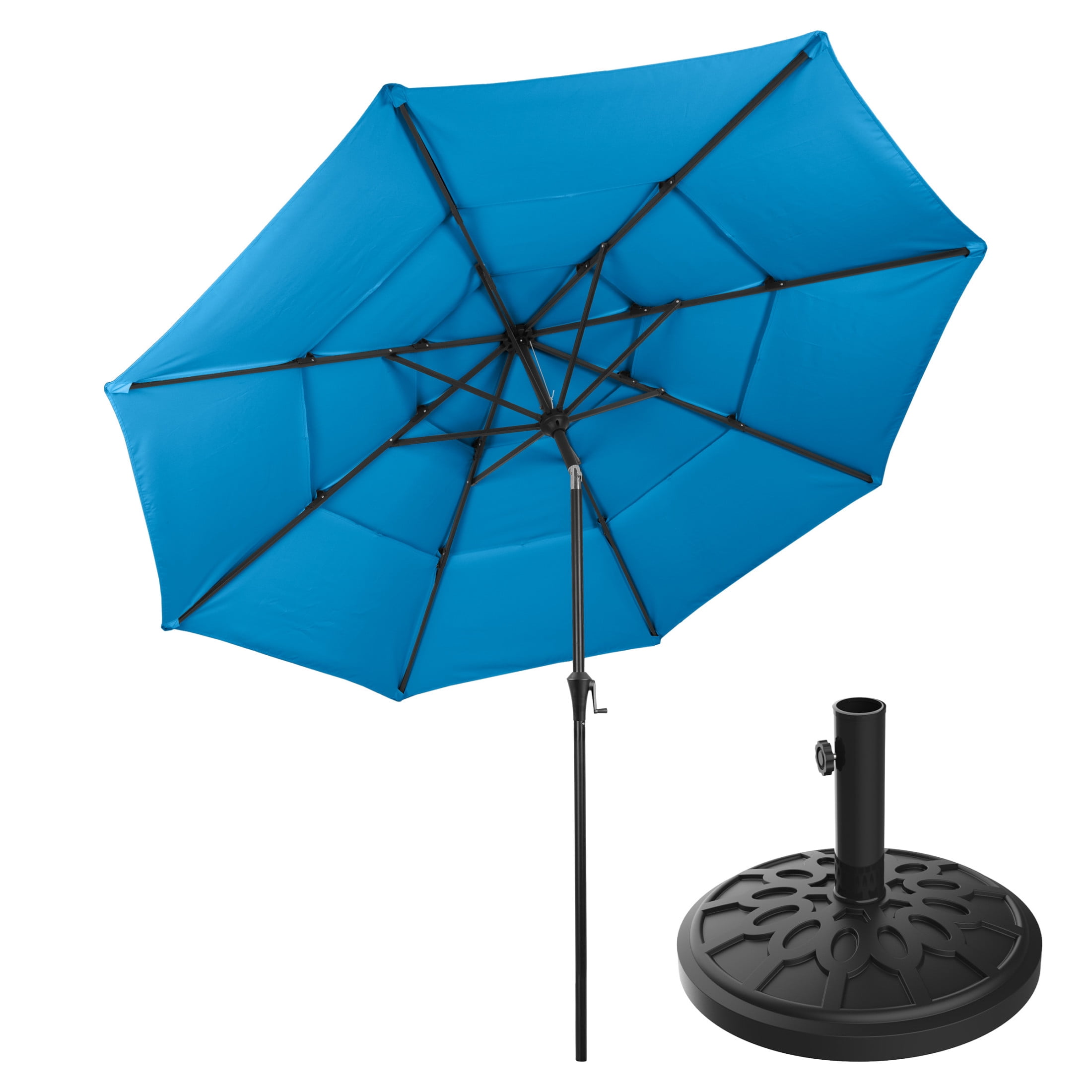 Pure Garden 10ft 3-Tier Umbrella for Patio Shade Canopy with 19lb Base, Blue