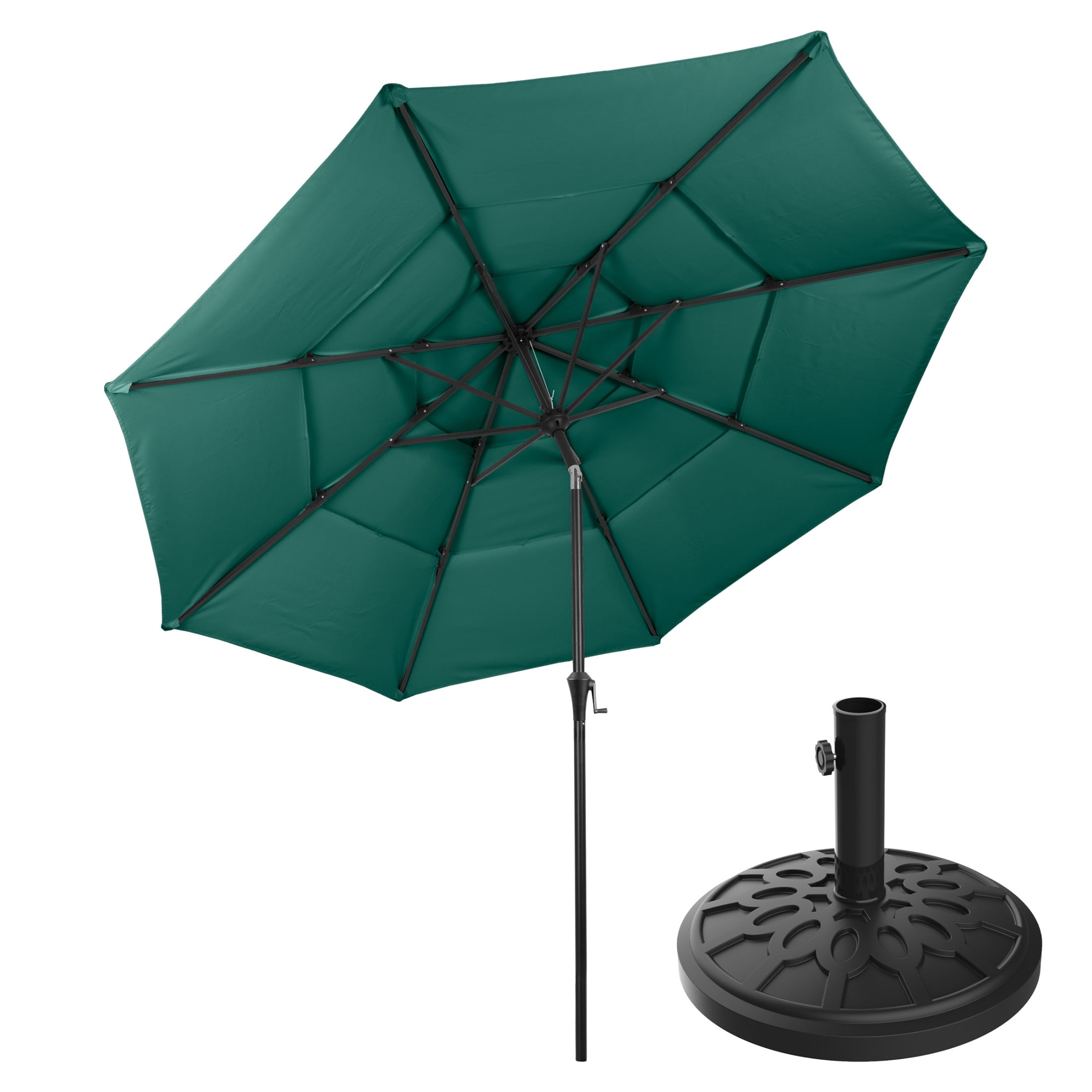 Pure Garden 10ft 3-Tier Umbrella for Patio Shade Canopy with 19lb Base, Dark Green