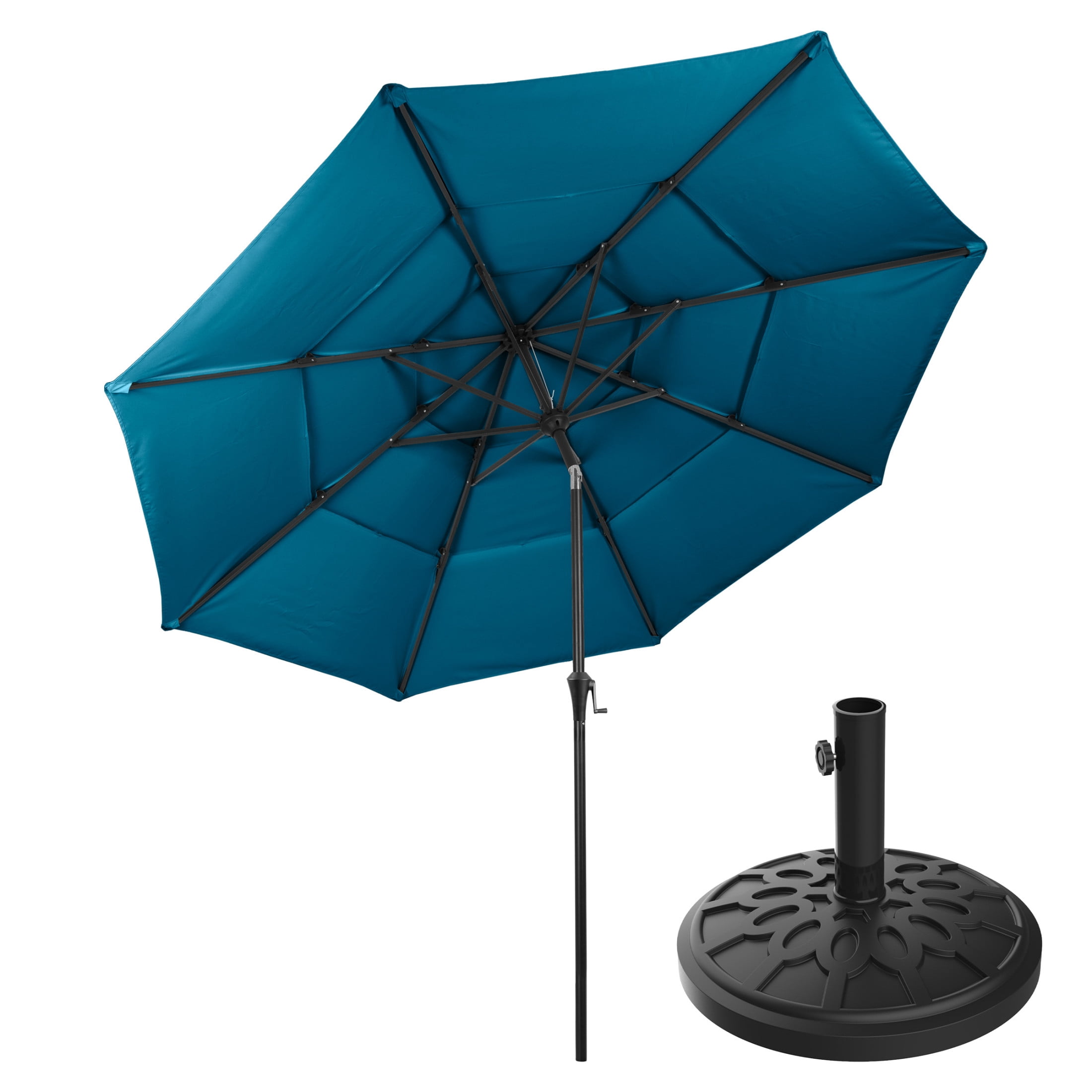 Pure Garden 10ft 3-Tier Umbrella for Patio Shade Canopy with 19lb Base, Turquoise Green