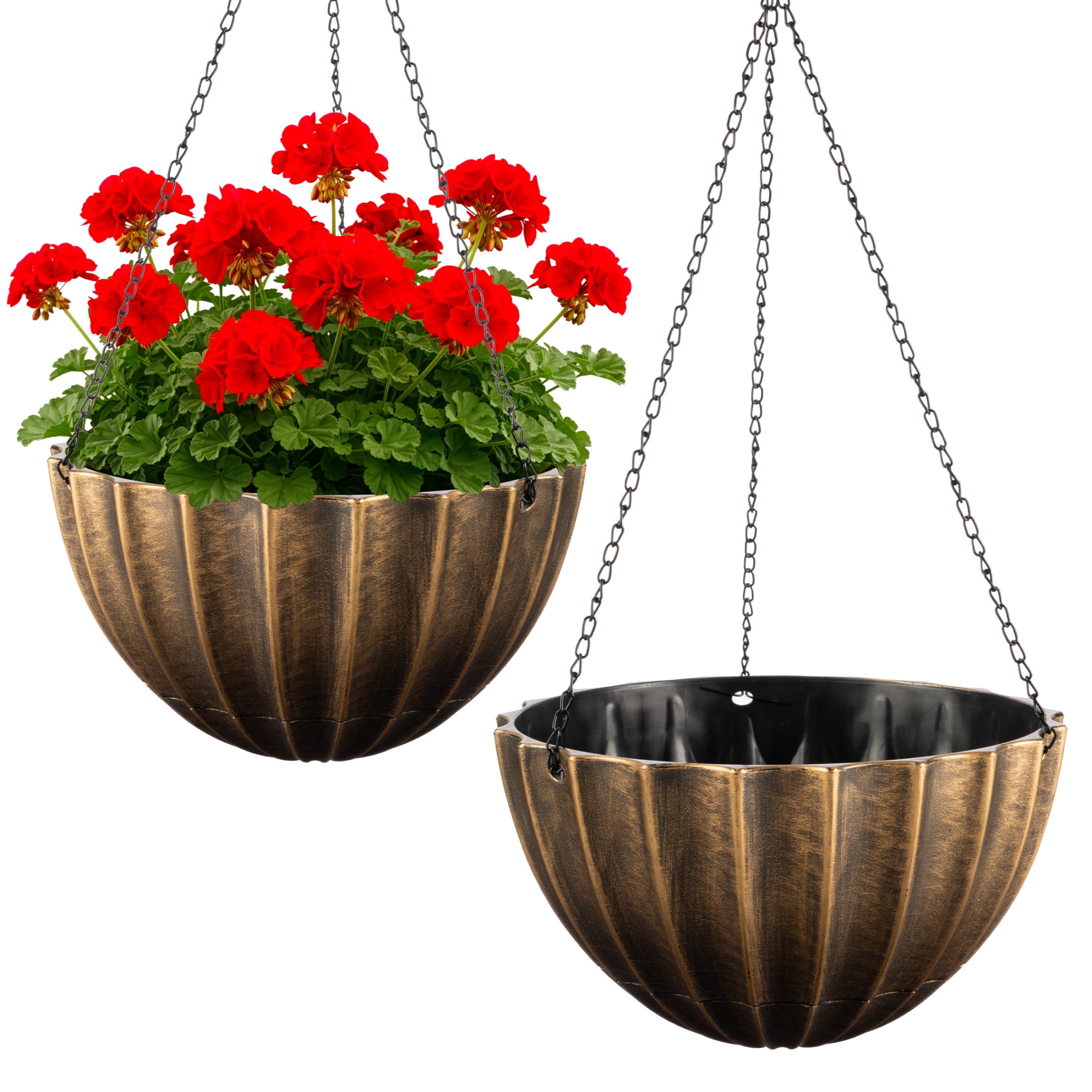 Pure Garden 12.5in Durable Plastic Hanging Planter 2-Pack with Drainage Reservoir, Bronze