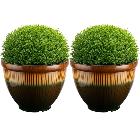 Pure Garden 13.7” Large Plastic Plant Pot with Glazed Ceramic Look for Indoors or Outdoors, Bronze