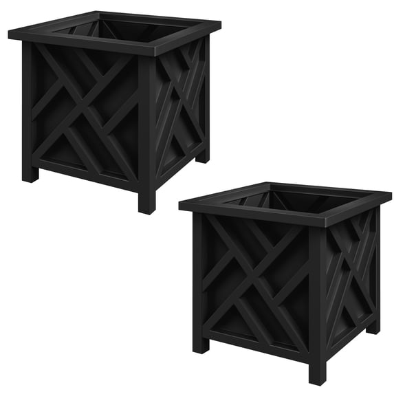 Pure Garden 15.5-Inch Outdoor Lattice Planter Box Plant Pot 2-Pack, Black