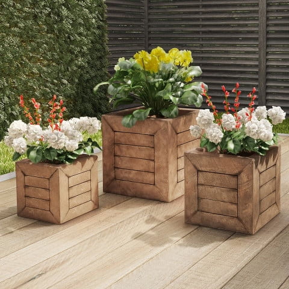 Rustic Brown Faux Wood Square Planter Set, 3-Piece