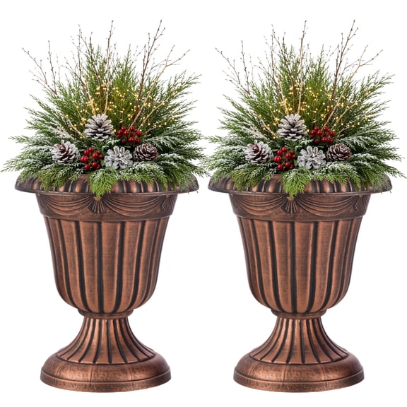 Pure Garden 16x18-Inch Outdoor Planter 2-Pack - Plastic Urn Planters, Rustic Bronze