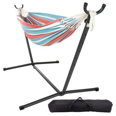 Pure Garden 2-Person Hammock with Stand – 400lb Capacity Outdoor Cotton Bed, Red/Blue Striped