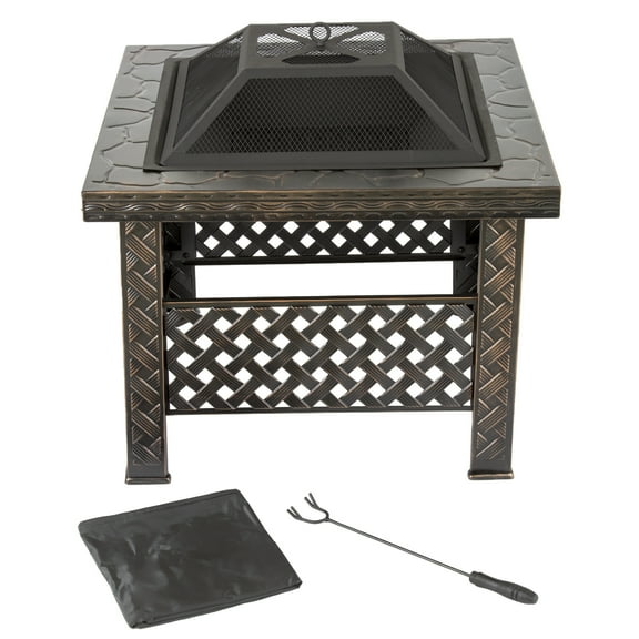 Pure Garden 26-Inch Outdoor Fire Pit with Screen, Cover, and Poker (Bronze)